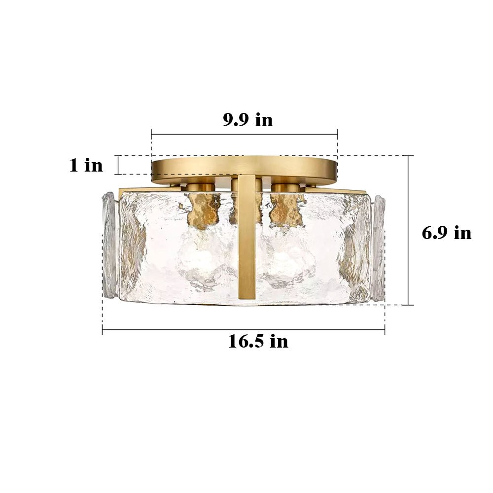 Hammered Water Glass Ceiling Light -  Gold Drum Flush Mount Light